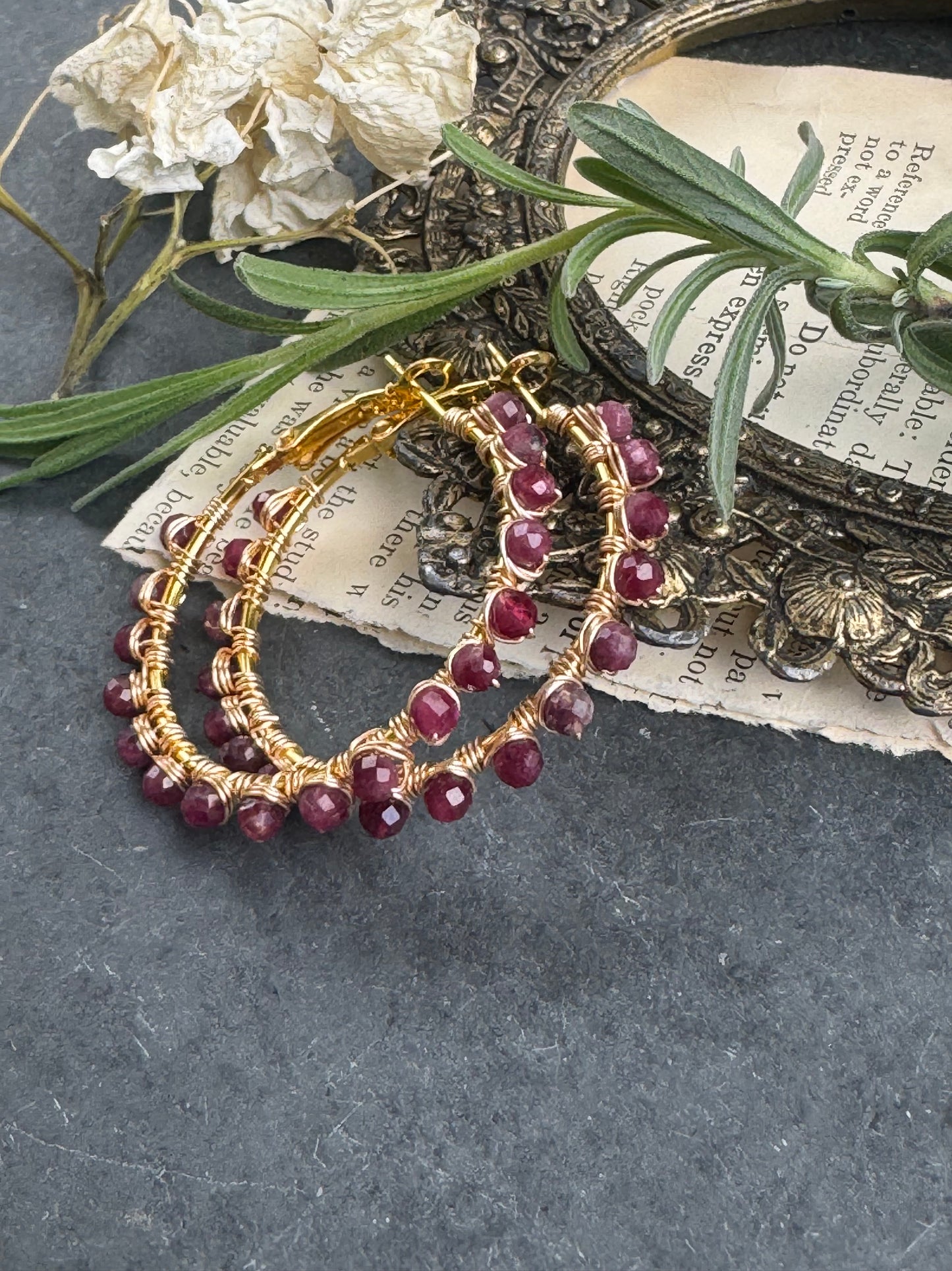 Ruby, wire wrapped gold hoop earrings, jewelry