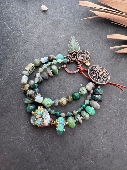 handmade lampwork Glass, mystic emerald, chrysoprase, turquoise, malachite, green aventurine,  Amazonite, labradorite, and handmade bronze button featuring tree of life