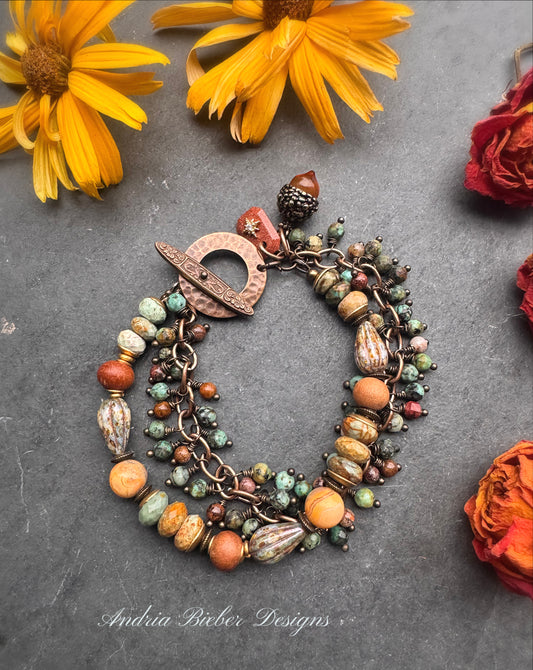 African turquoise, sandalwood, crazy lace agate, red creek jasper, Czech glass, and bronze metal, bracelet.