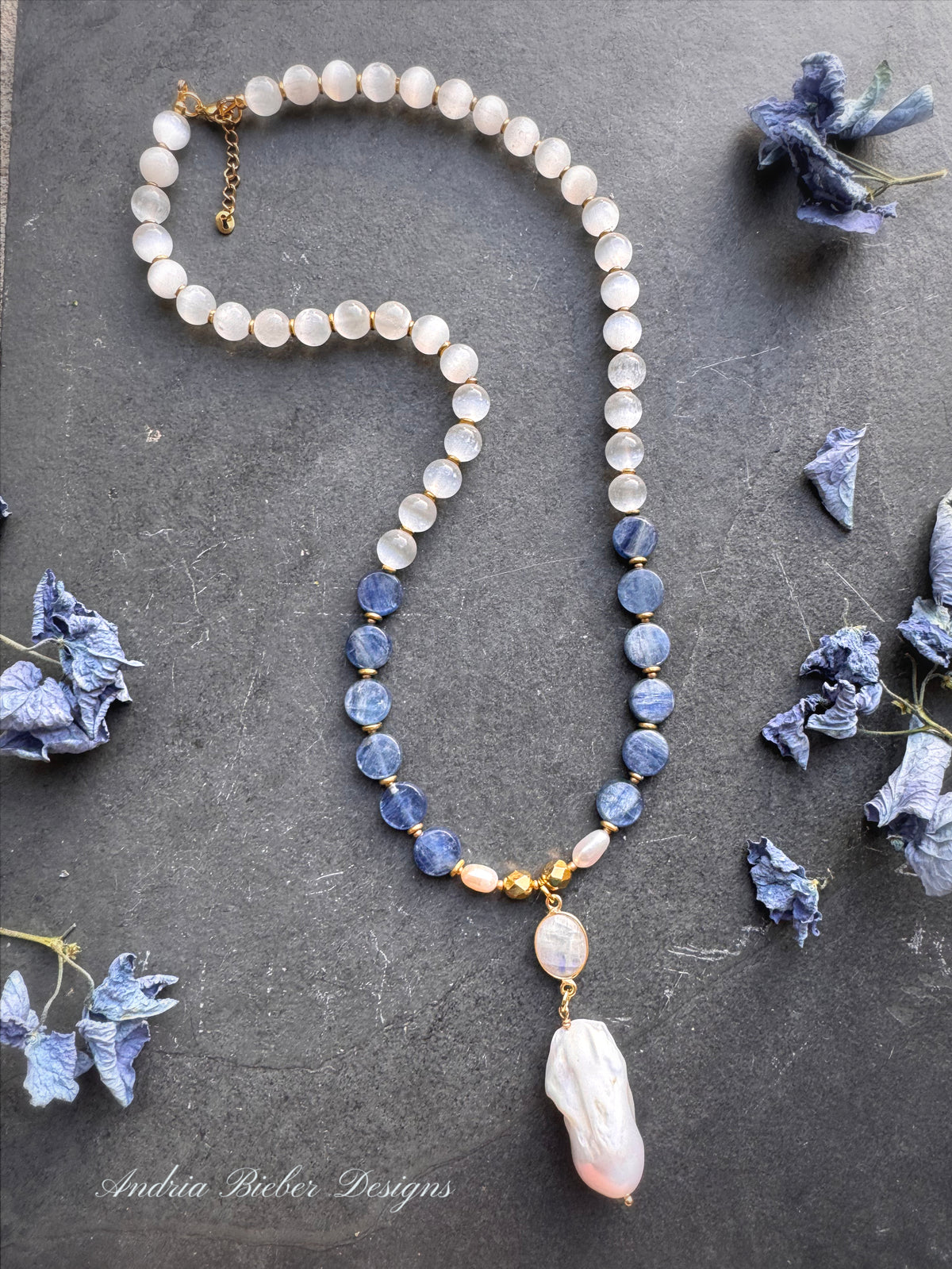 Selenite stone, moonstone, kyanite stone, freshwater pearl, gold metal, necklace