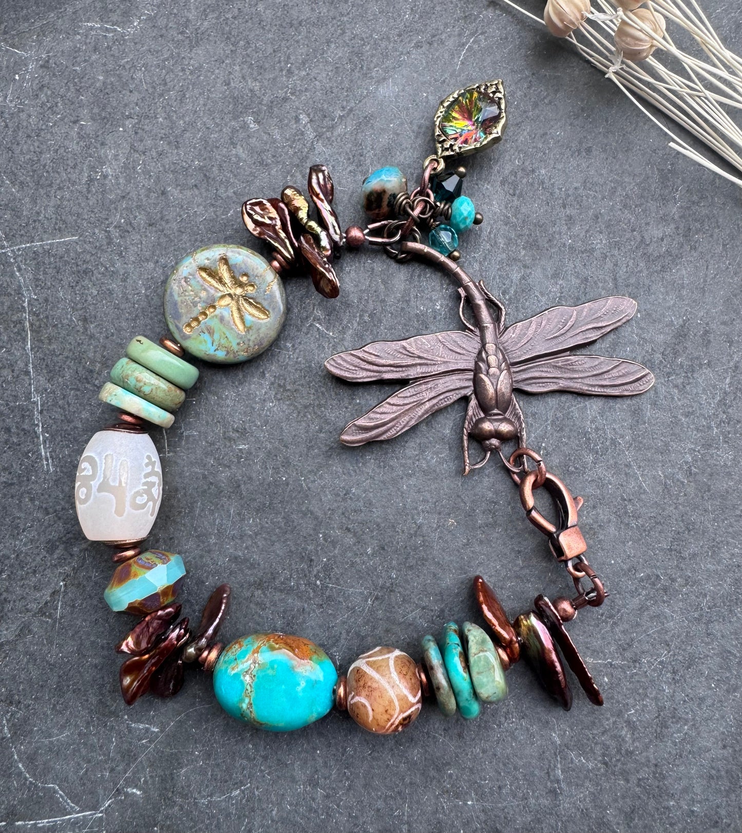 Dragonfly. Turquoise, agate, pearls, Czech glass, bracelet