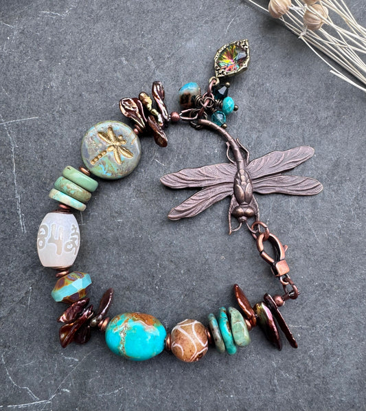 Dragonfly. Turquoise, agate, pearls, Czech glass, bracelet