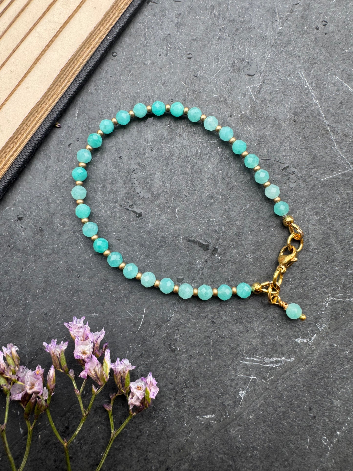 Amazonite Russian faceted round stone, gold metal, bracelet