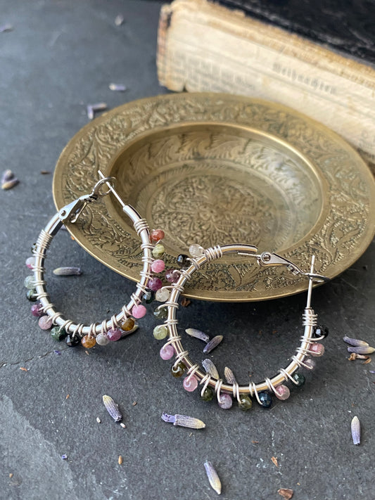 Tourmaline stone, silver metal wire wrapped hoops, earrings