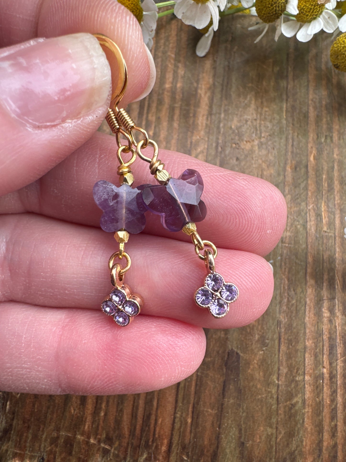 Amethyst butterfly stone, purple rhinestone charms, gold metal, earrings
