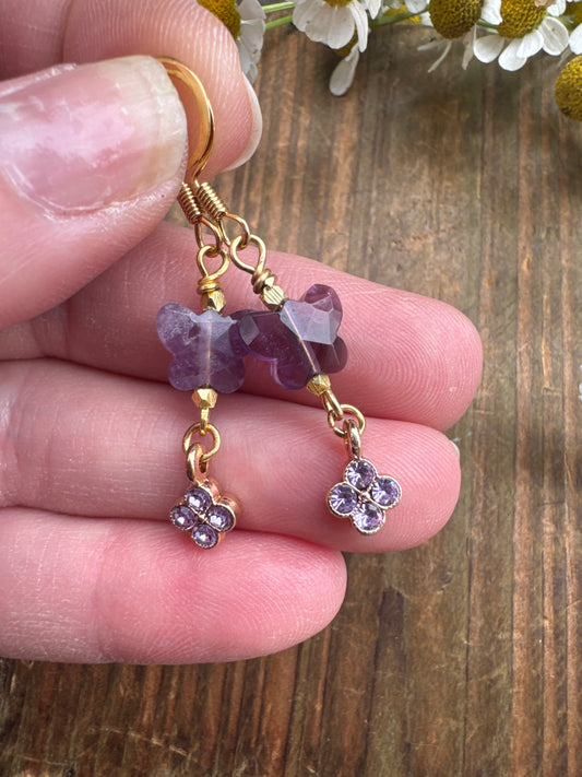 Amethyst butterfly stone, purple rhinestone charms, gold metal, earrings