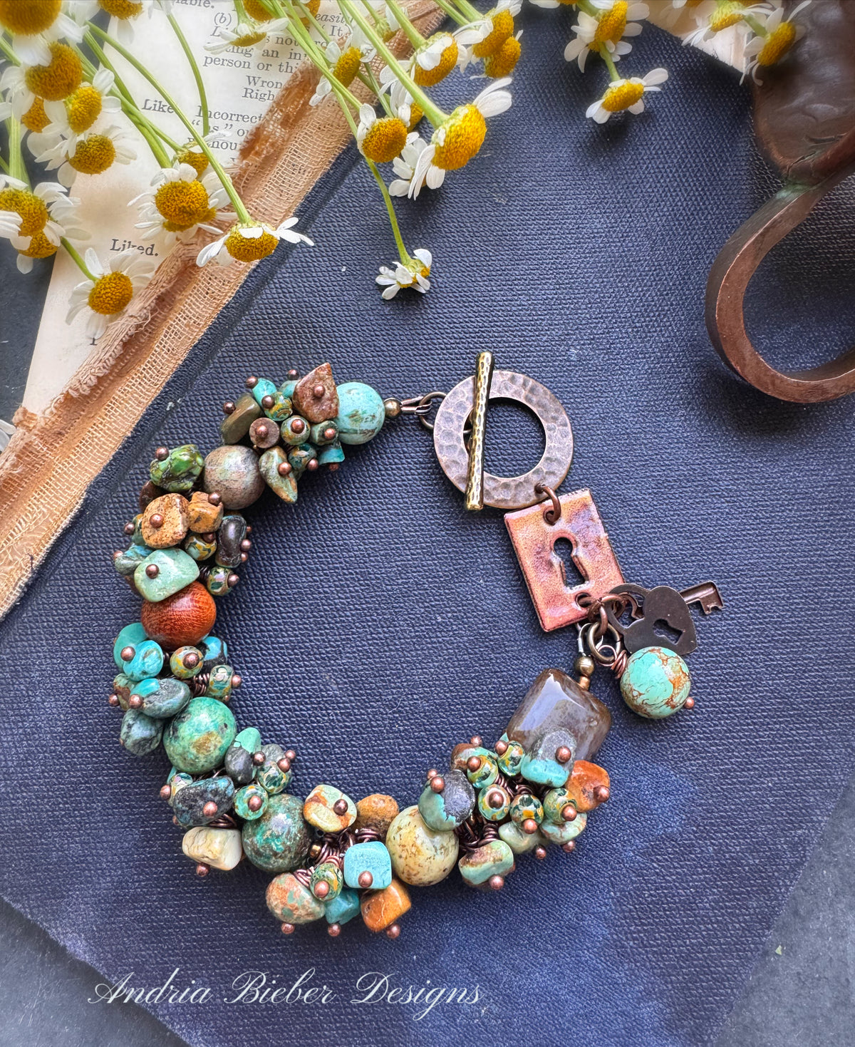 Turquoise, sandalwood, Czech glass, enamel, bracelet