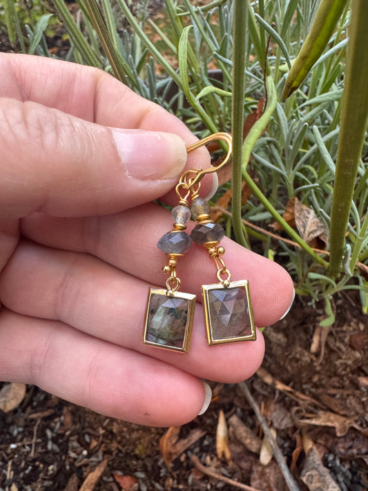 Labradorite stone, gold metal, drop, earrings