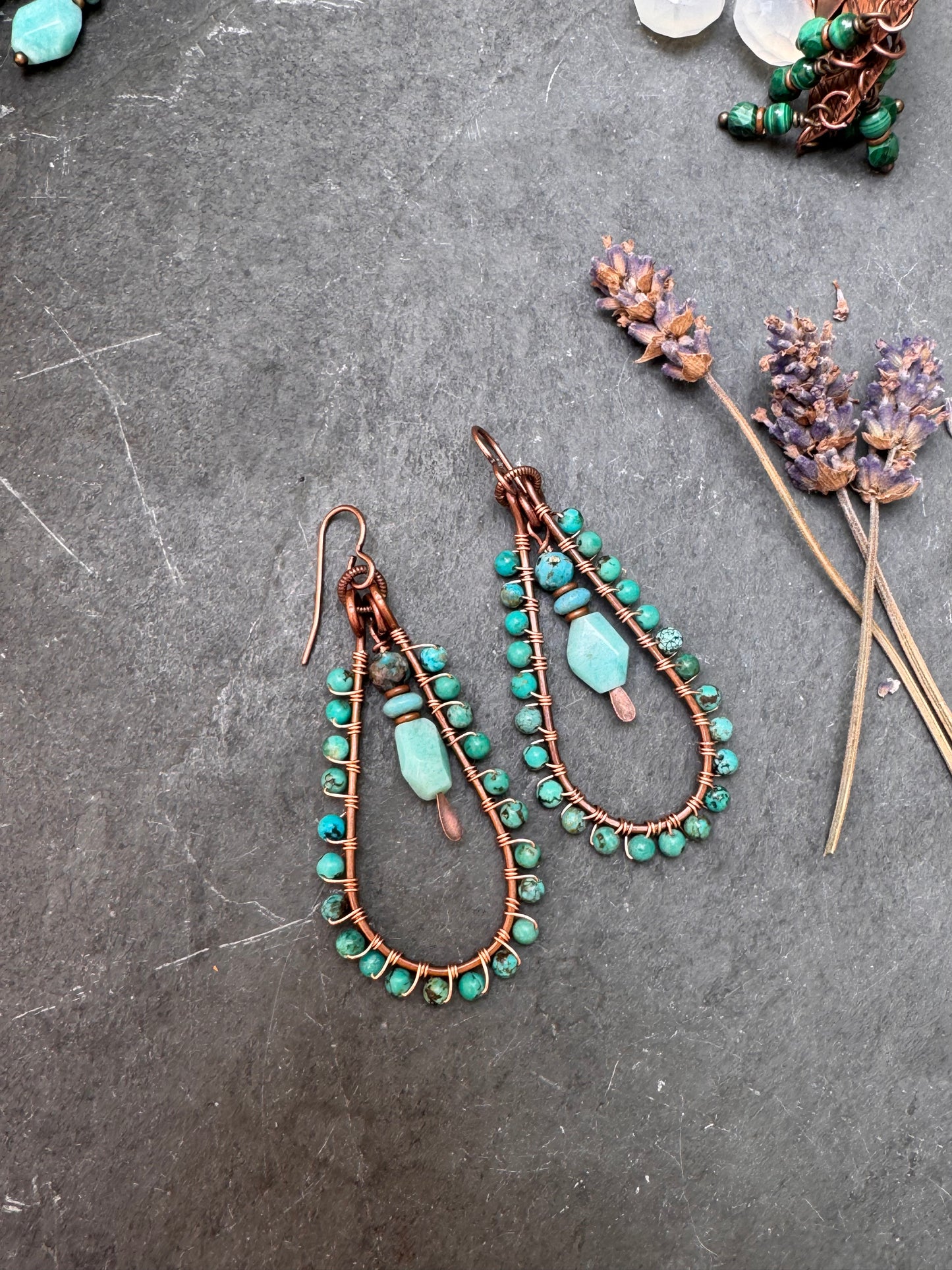 Turquoise, Amazonite stone, copper metal, earrings