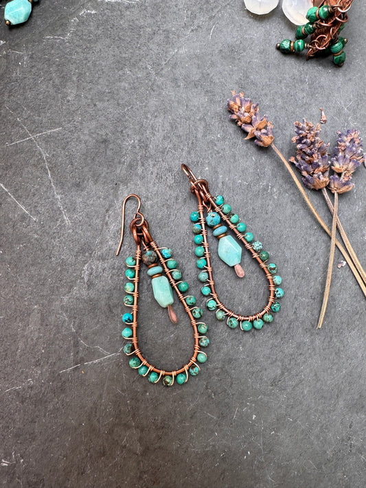 Turquoise, Amazonite stone, copper metal, earrings
