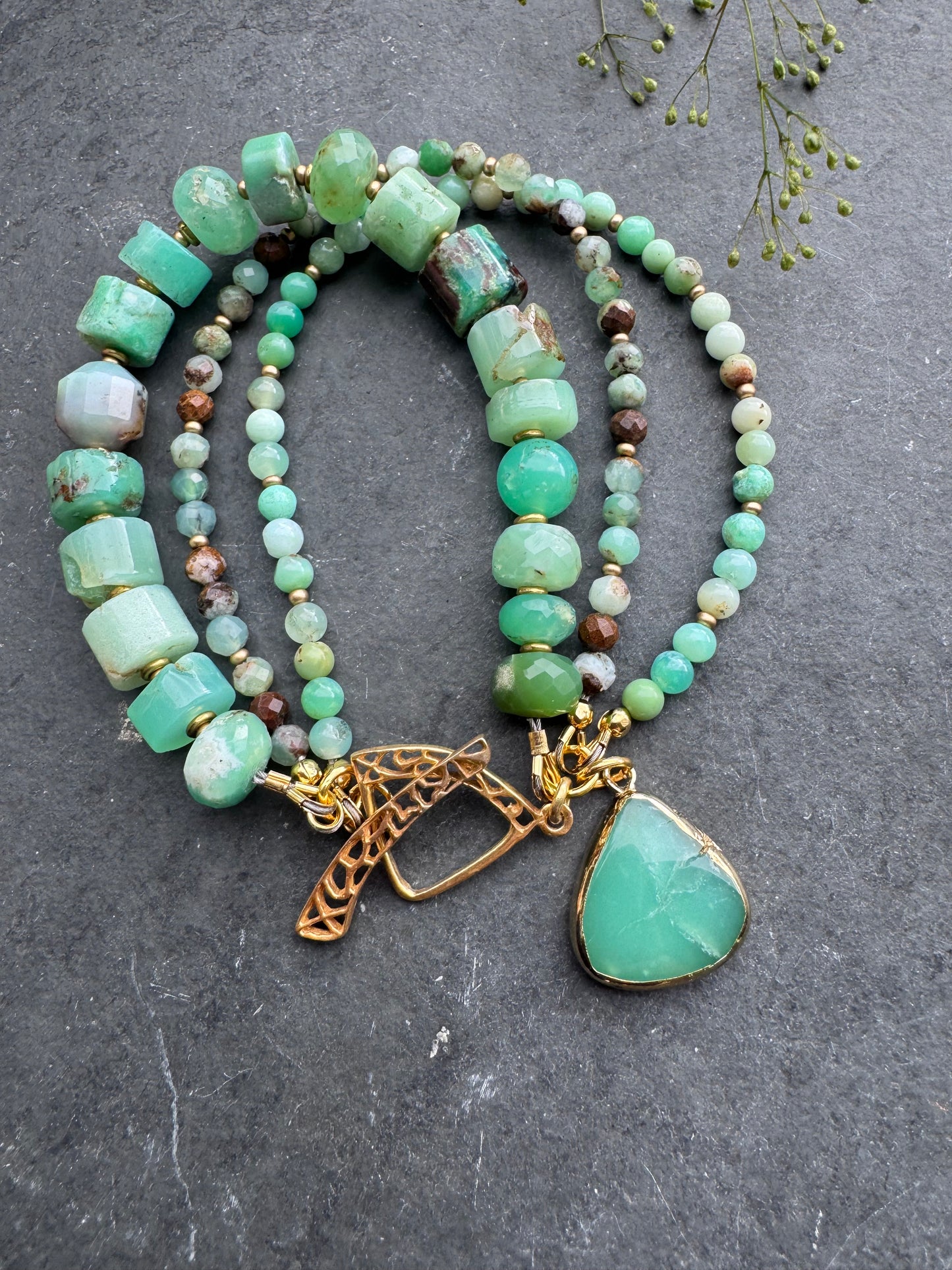 Chrysoprase and gold vermeil, multi strand bracelet
