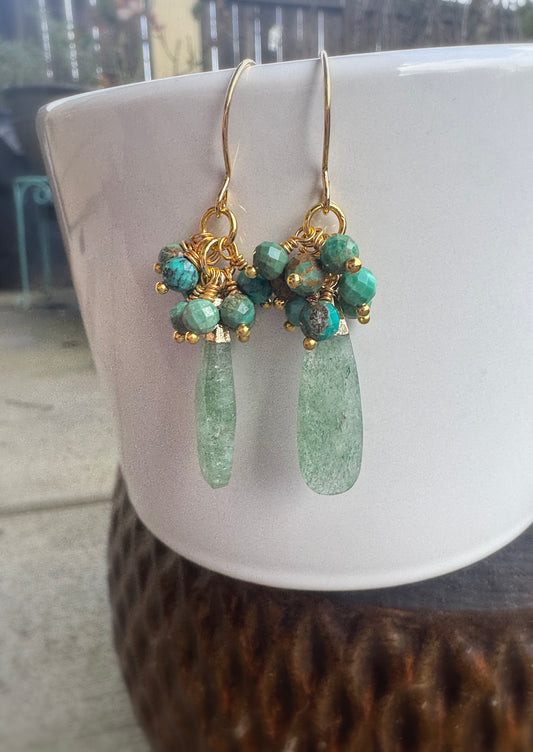 Turquoise, aventurine stone, gold metal, earrings