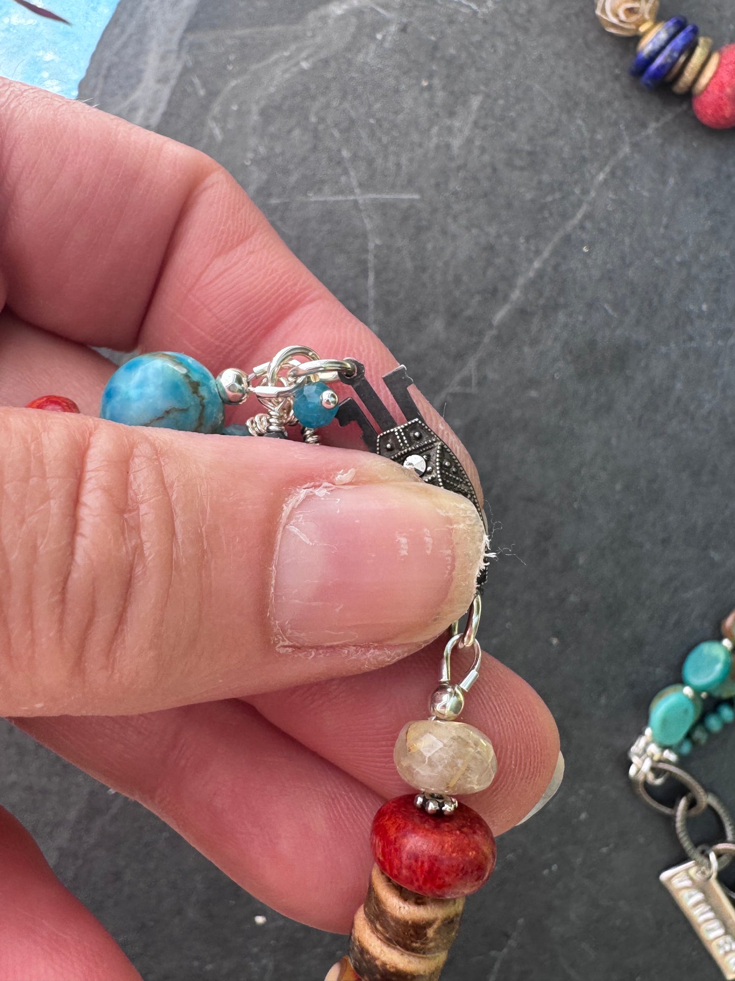 Kingman turquoise, coral, handmade lampwork glass, moonstone, silver metal, bracelet