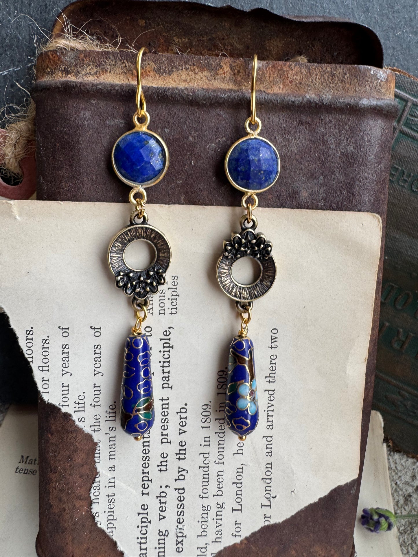 Gold flower charms, lapis stone, Cloisonné beads, earrings