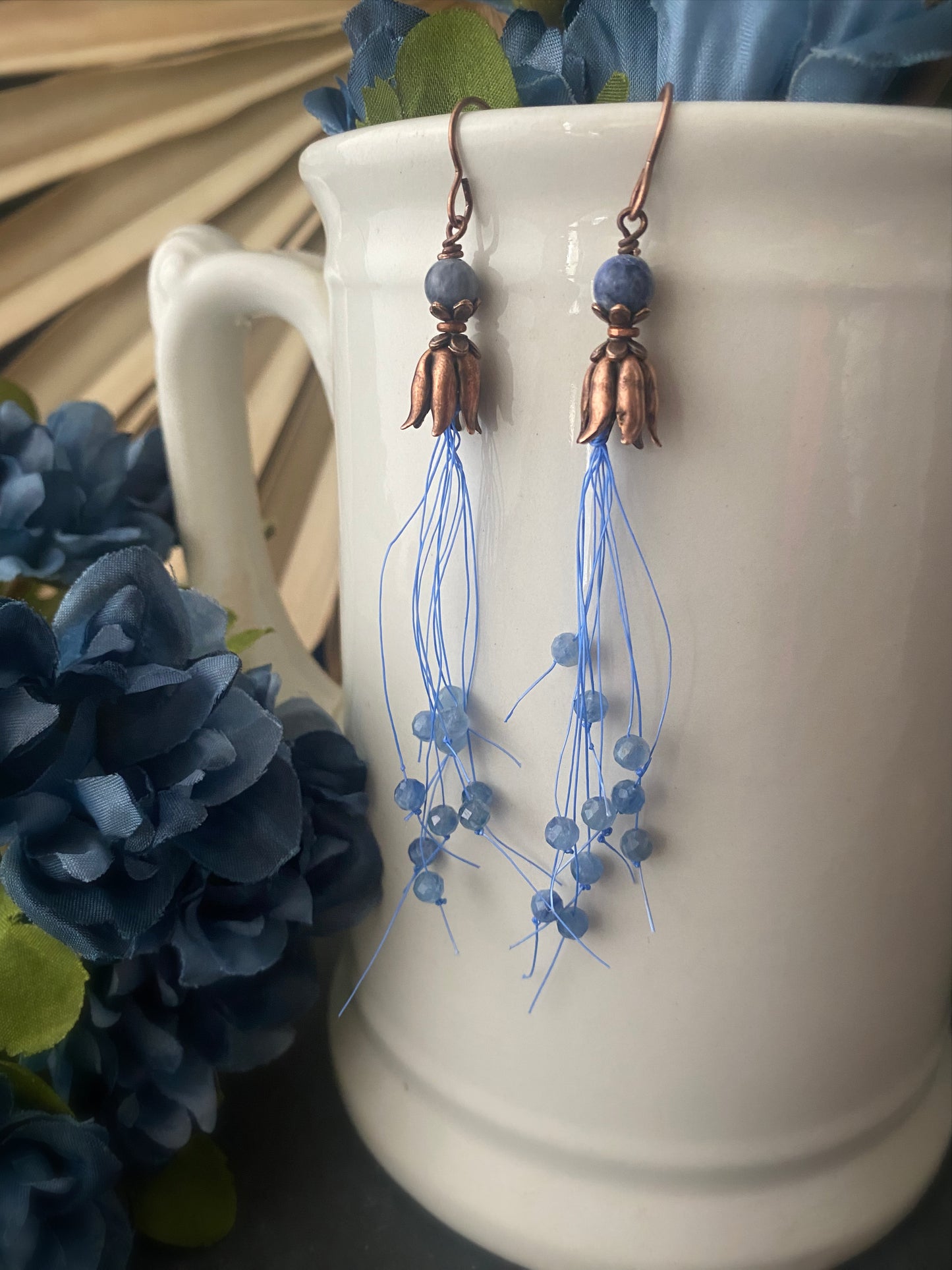 Kyanite stone, blue thread, drop, copper earrings