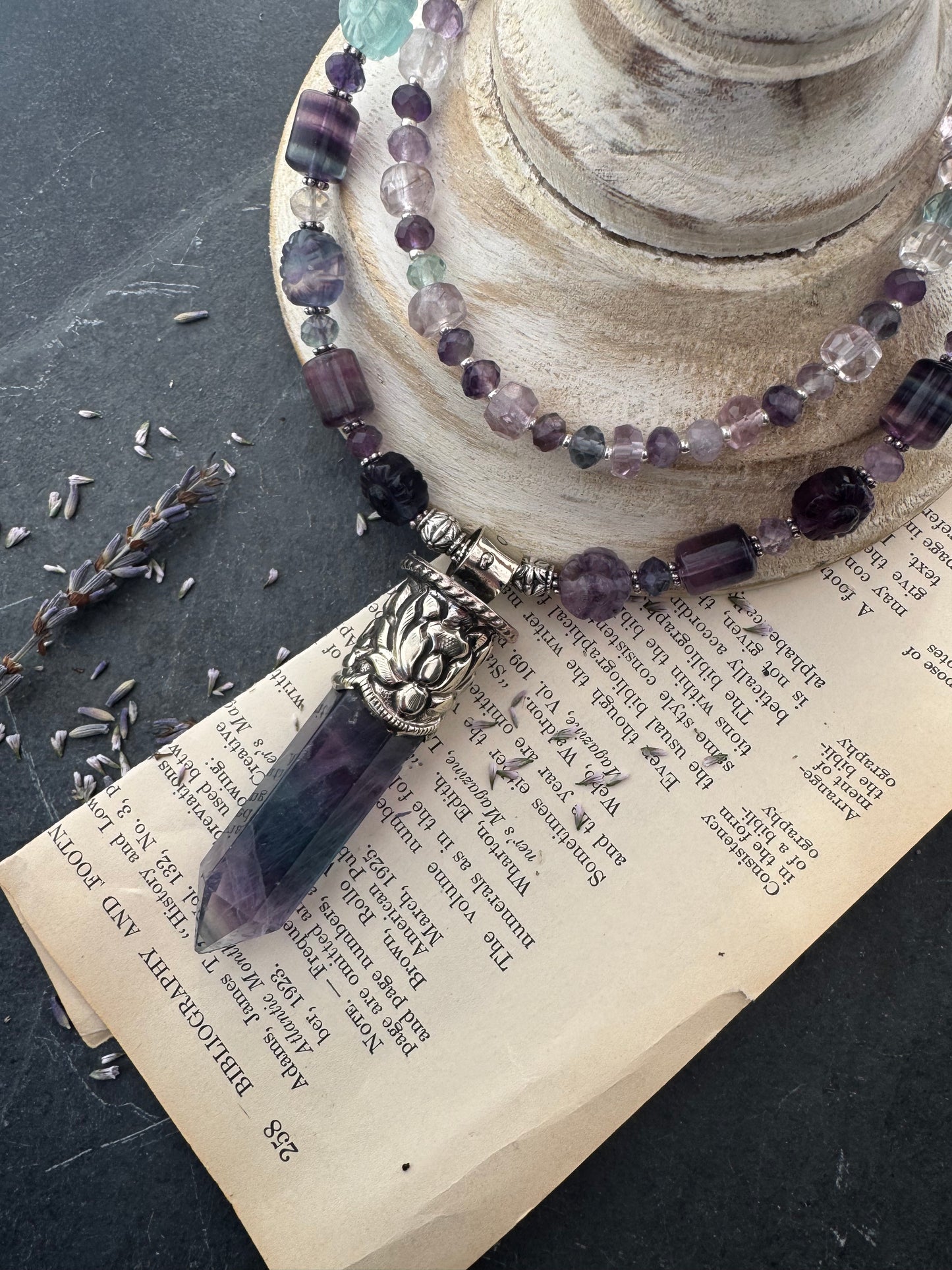 Fluorite stone, two layer, Tibetan silver crystal point pendant, necklace.