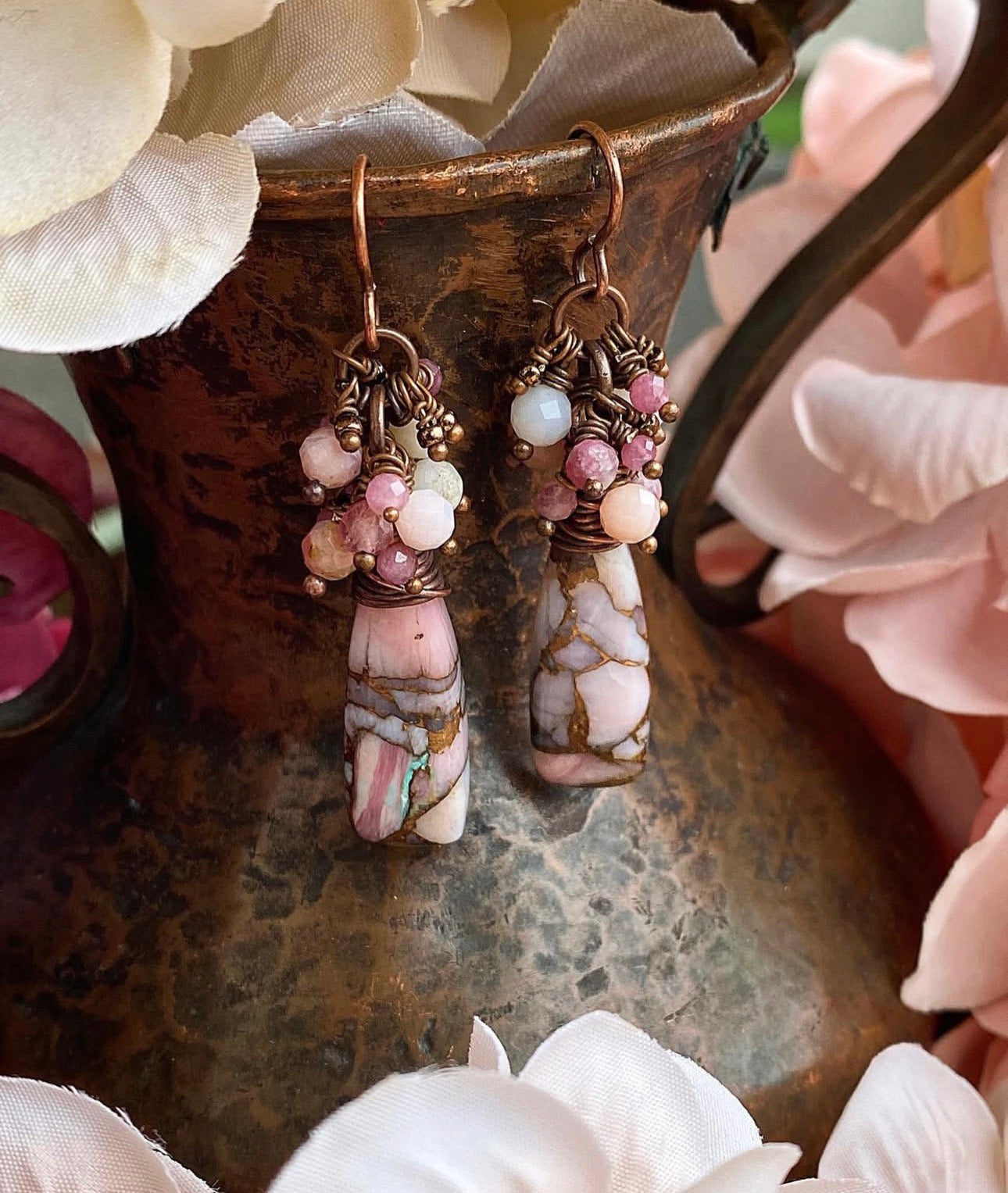 Pink opal drops, pink tourmaline, Pink opal faceted stones, copper metal earrings