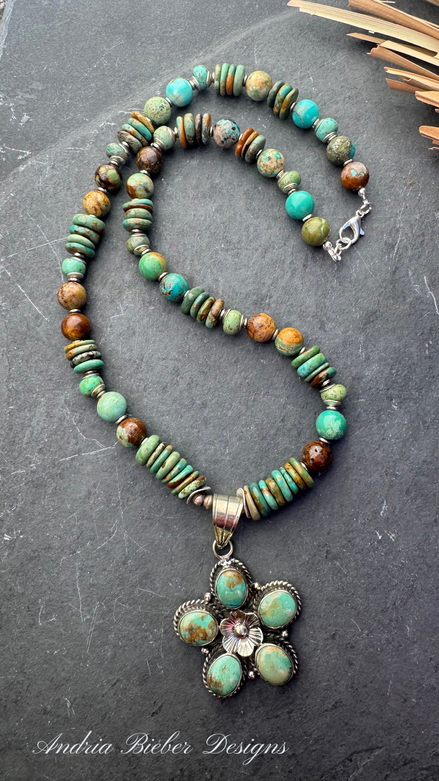Hubei turquoise, Czech glass, African silver, and large Hubei turquoise flower pendant.