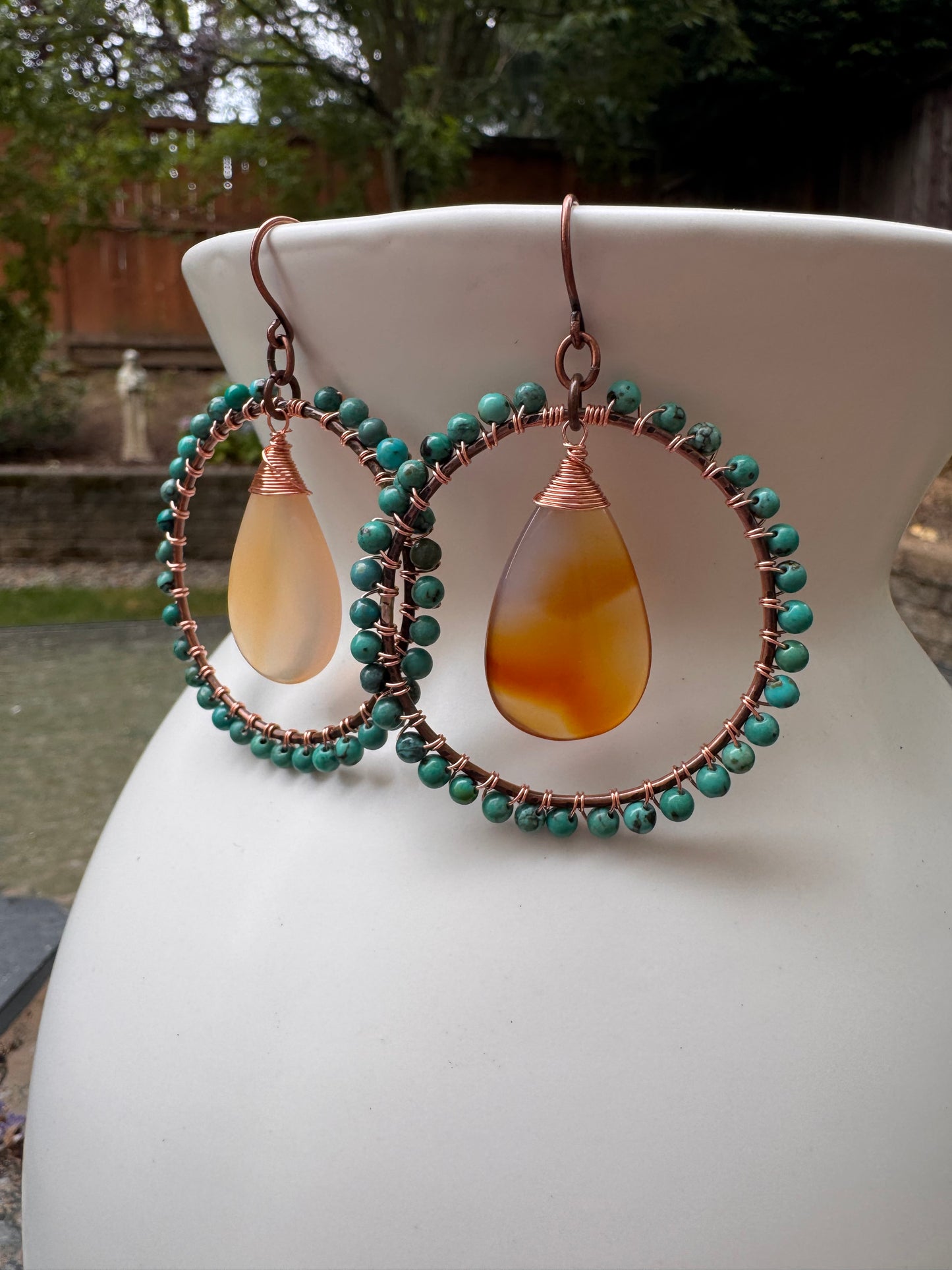 Turquoise, carneilan agate, stone, hammered copper metal hoop, earrings
