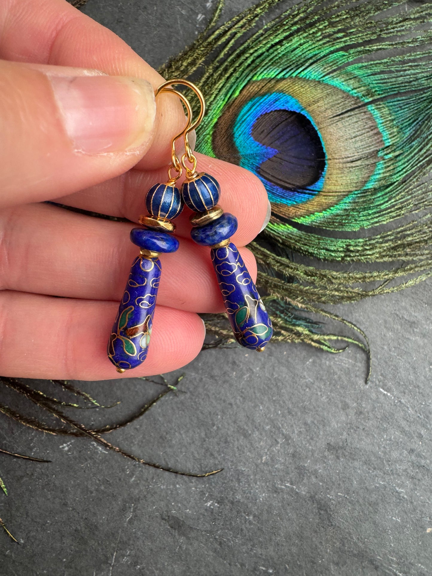 Lapis lazuli stone, cloisonné ,gold metal, earrings