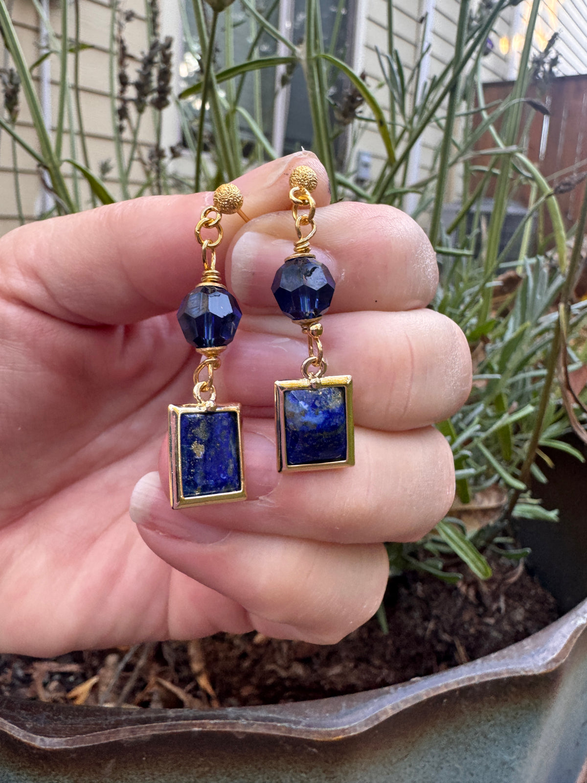 Lapis lazuli stone, blue crystals, gold metal, earrings
