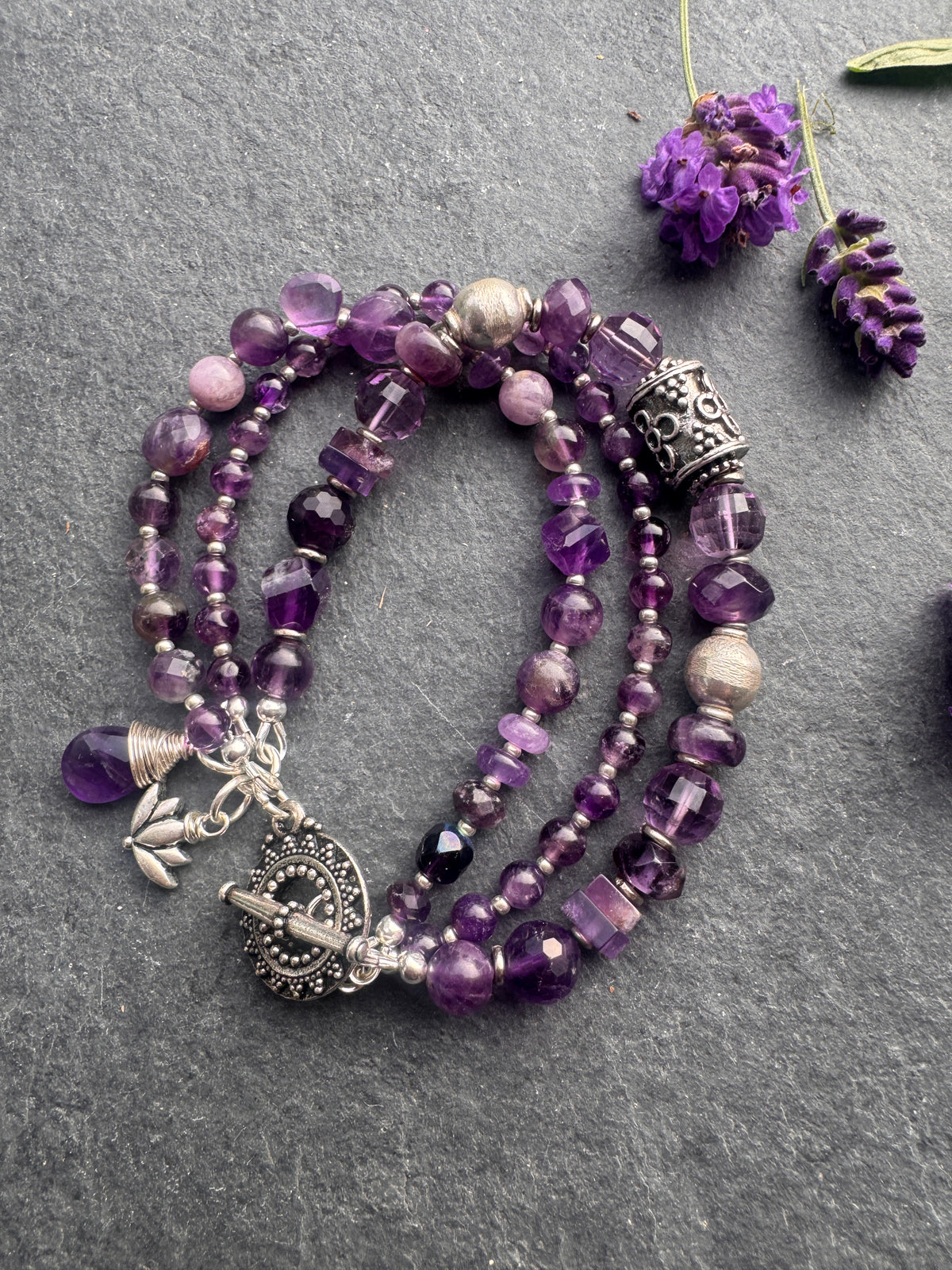 amethyst stone, silver metal, multi strand, bracelet