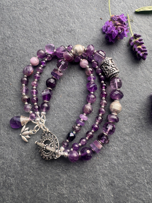 amethyst stone, silver metal, multi strand, bracelet