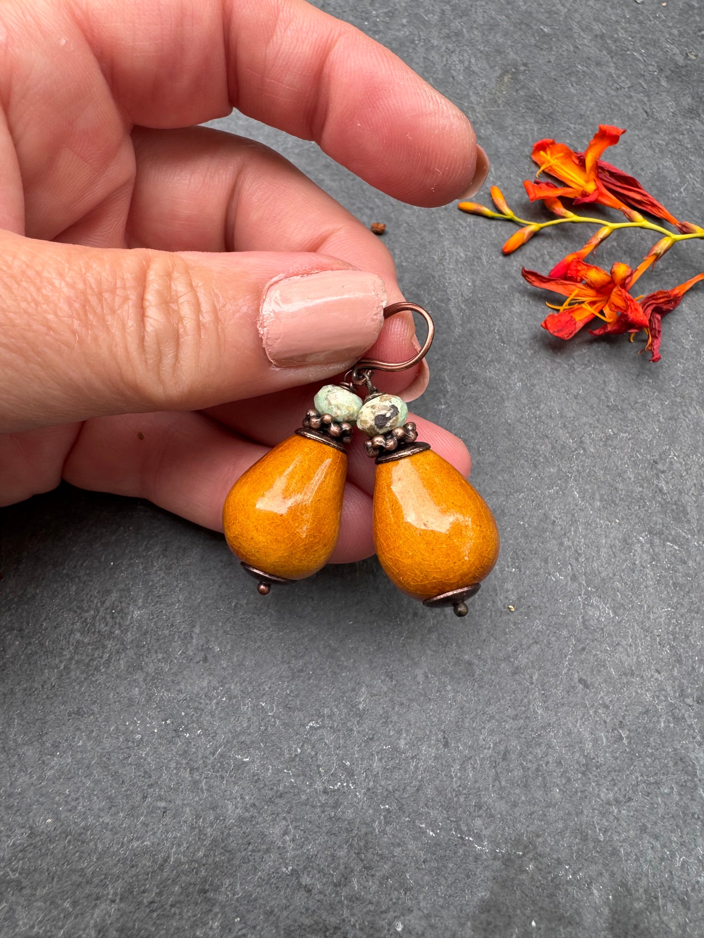 Ceramic yellow beads, turquoise stone and copper metal, earrings