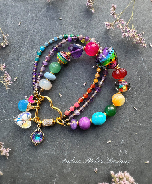 Rainbow. Mixed gemstone, lampwork glass, rhinestone clasp.