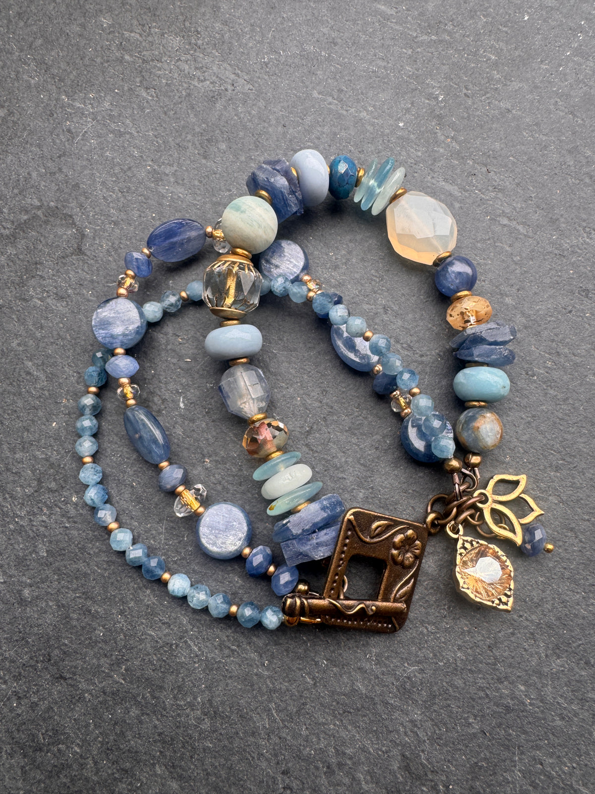 Kyanite, Chalcedony, blue opal, aquamarine stone, czech glass, brass, bracelet.