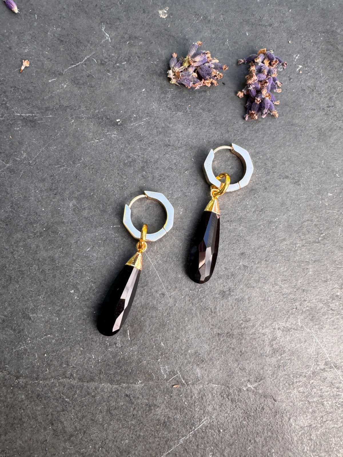 Black Onyx Stone, gold metal, drop earrings