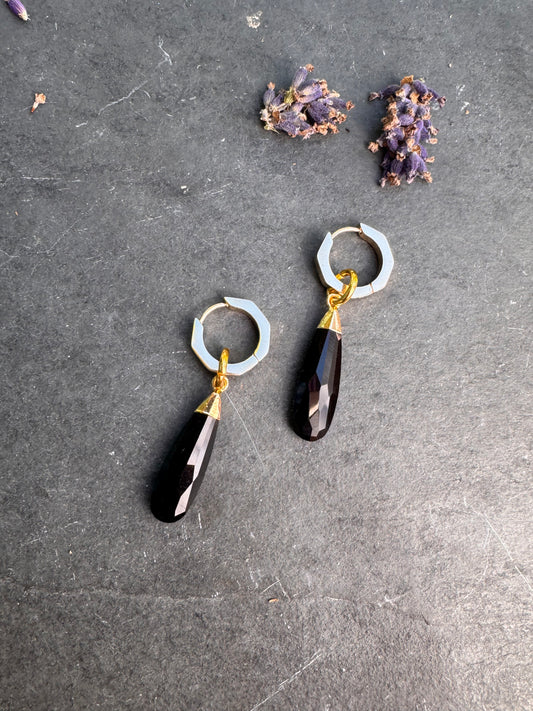 Black Onyx Stone, gold metal, drop earrings