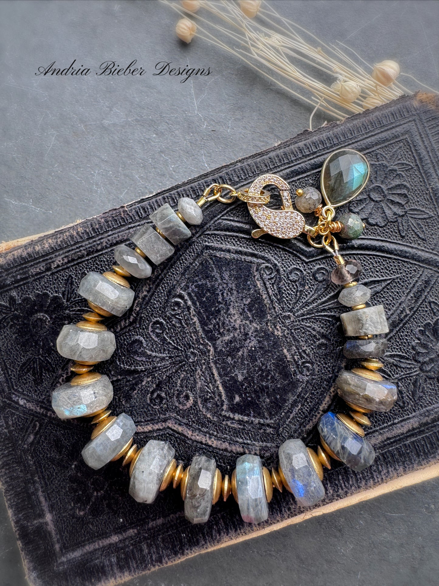 Labradorite faceted stone, rhinestone,  bracelet.