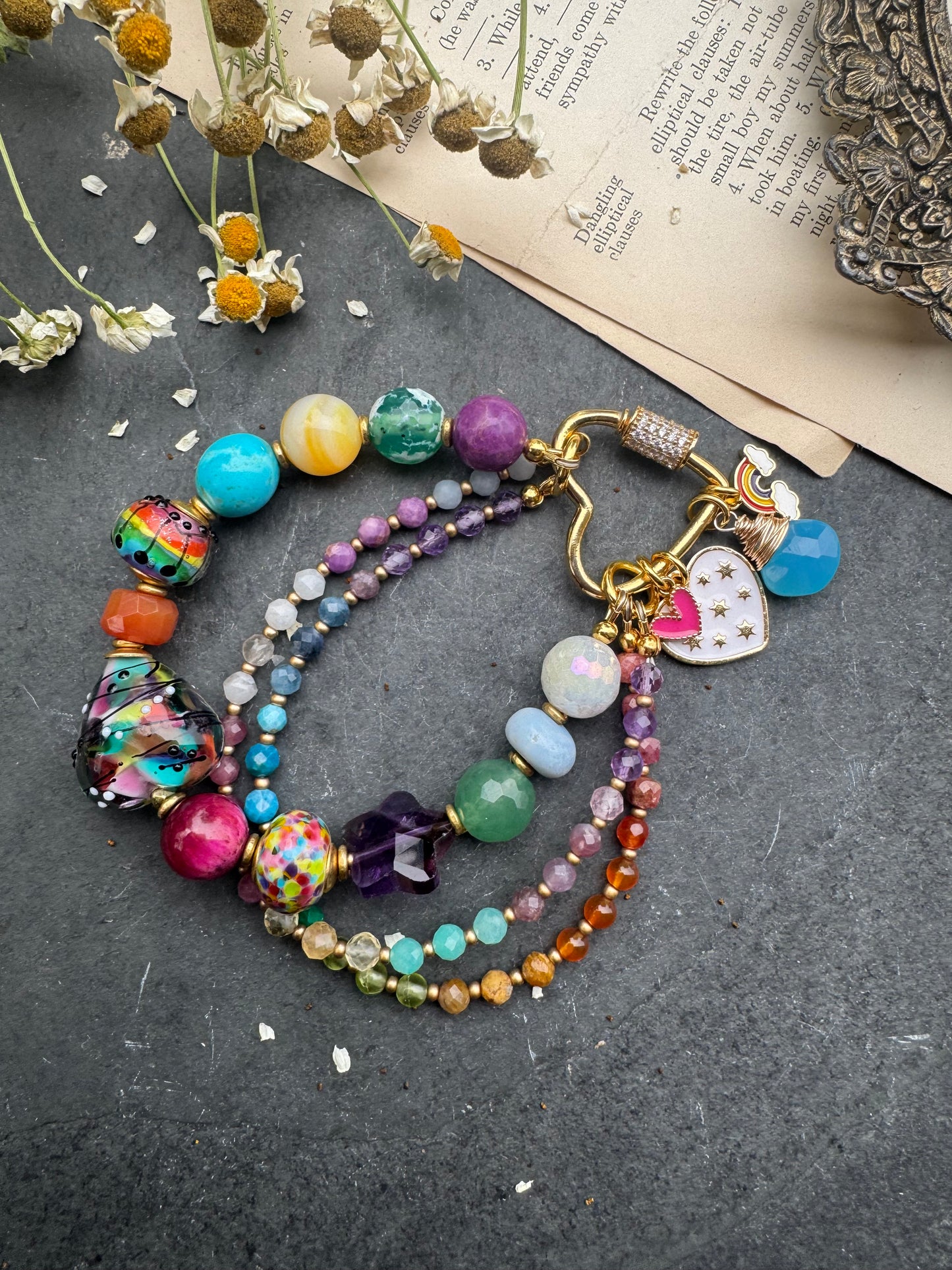 Rainbow. Mixed gemstone, lampwork glass, rhinestone clasp. Kit.