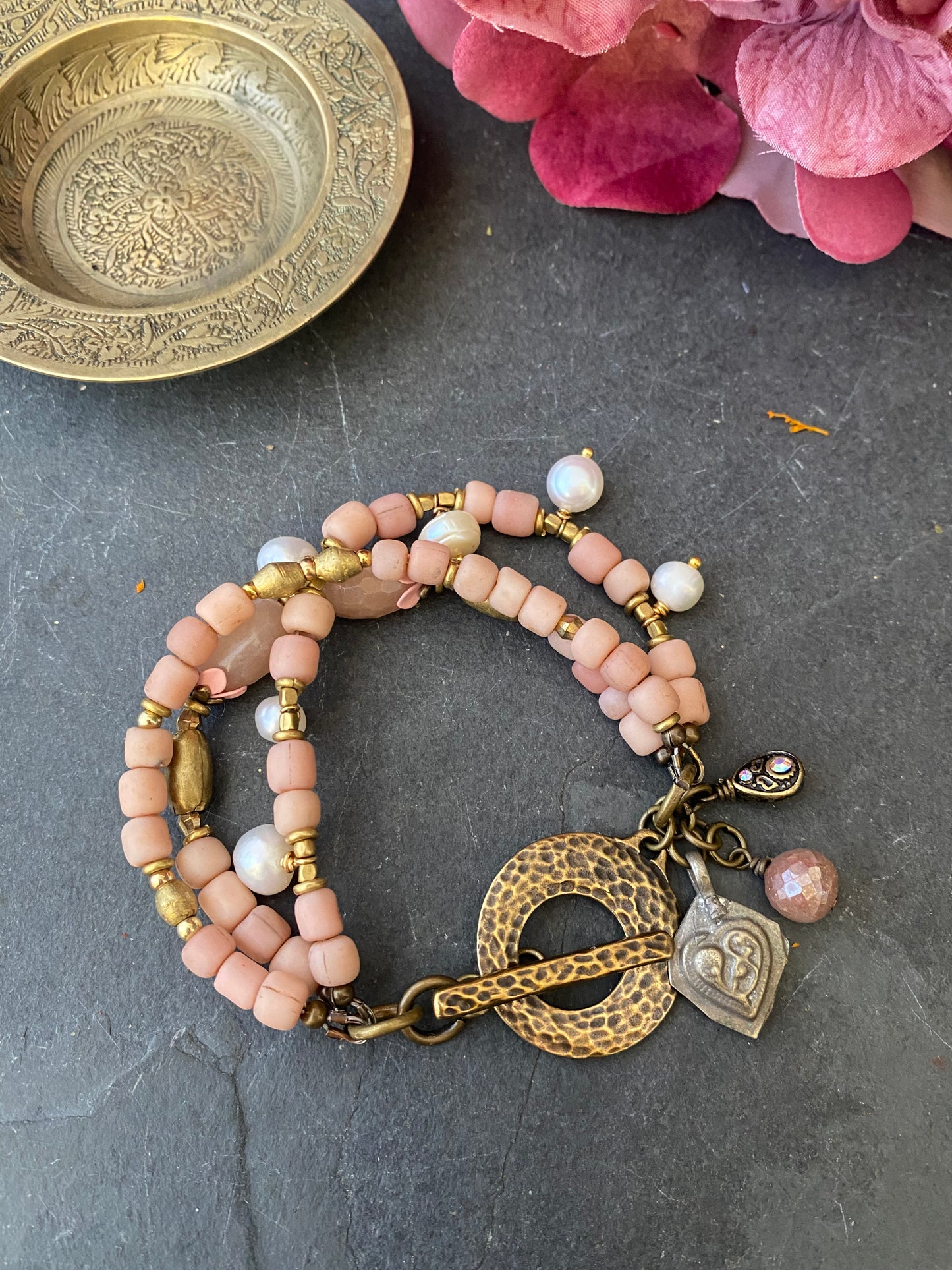Pink Indonesian Glass, Mystic peach moonstone, pearls, African brass, multi strand, bracelet