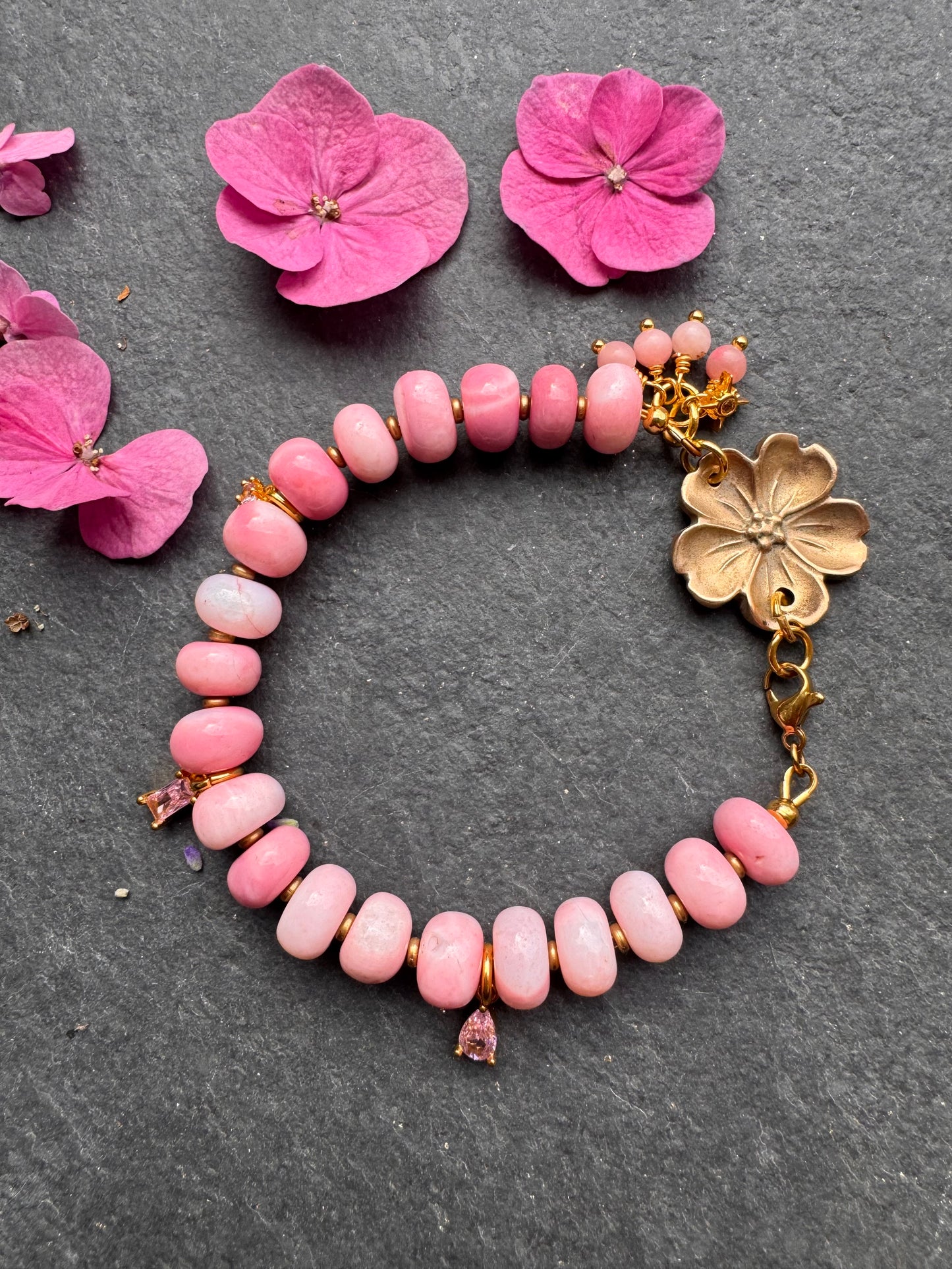 Pink opal, pink crystal and flower clasp bracelet