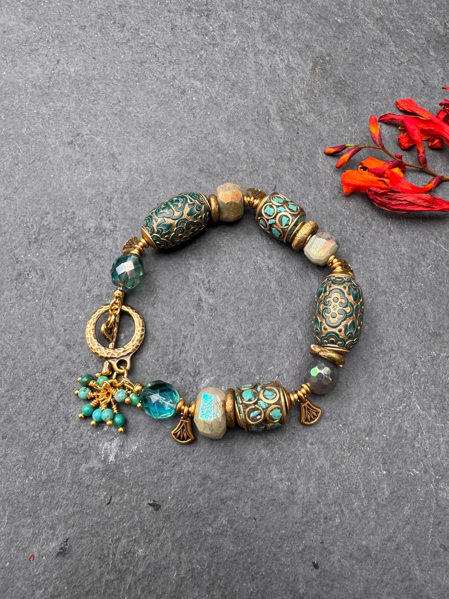 Nepal turquoise beads, AB chalcedony, Czech glass, huebei turquoise, gold metal, bracelet