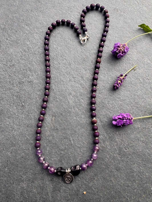 Amethyst stone, druzy stone, back skull, silver metal, Halloween, necklace