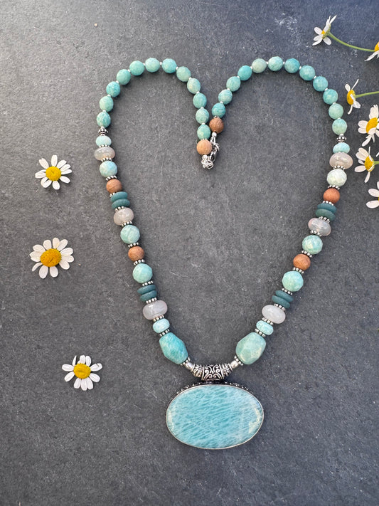 Amazonite, moonstone, wood, Java glass, silver metal, necklace