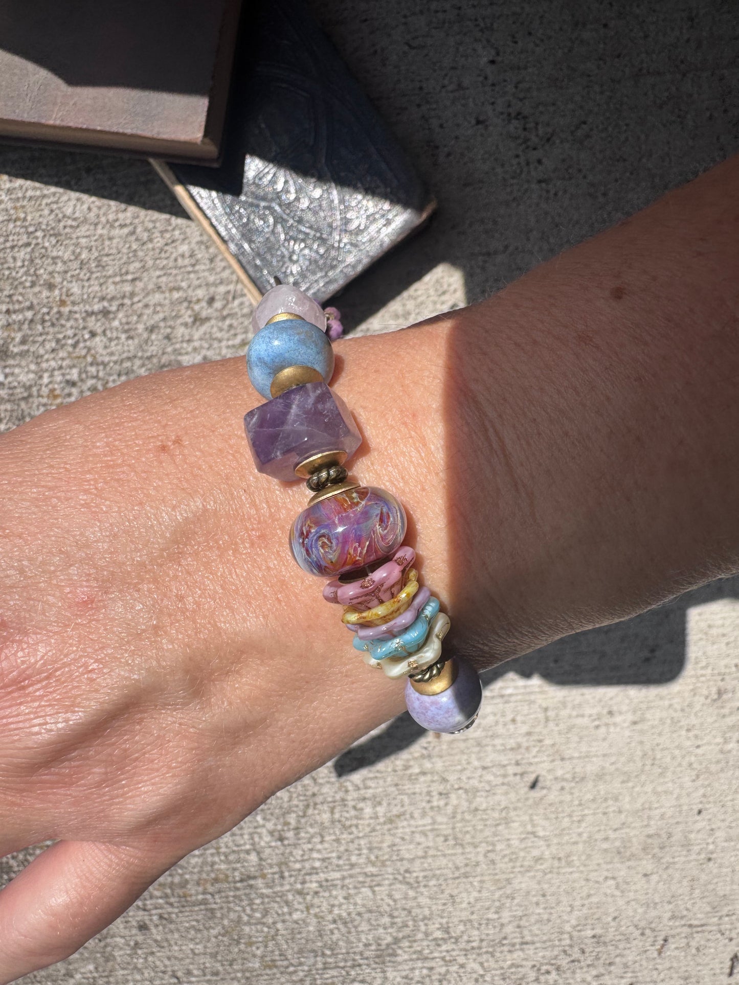 Sunset magic. lampwork glass, rose quartz, citrine, ceramic, amethyst, blue opal, pink tiger eye and Czech glass bracelet.
