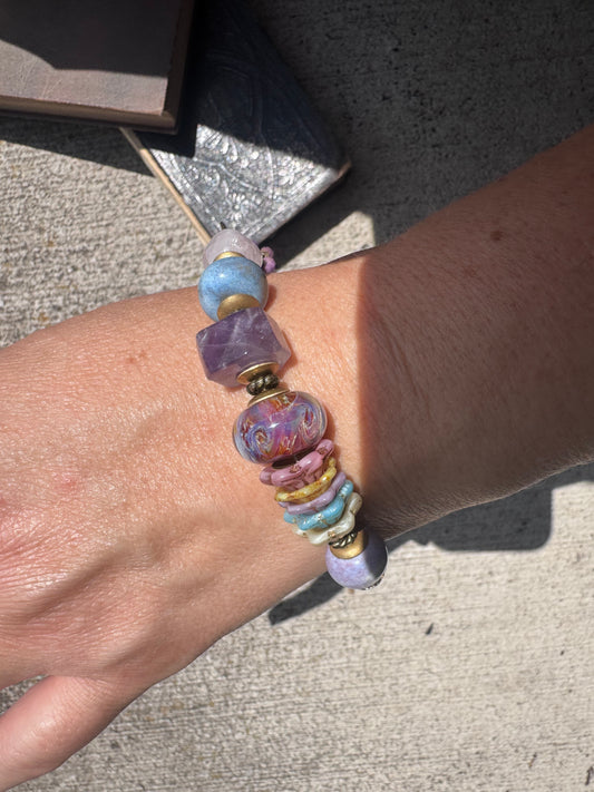 Sunset magic. lampwork glass, rose quartz, citrine, ceramic, amethyst, blue opal, pink tiger eye and Czech glass bracelet.