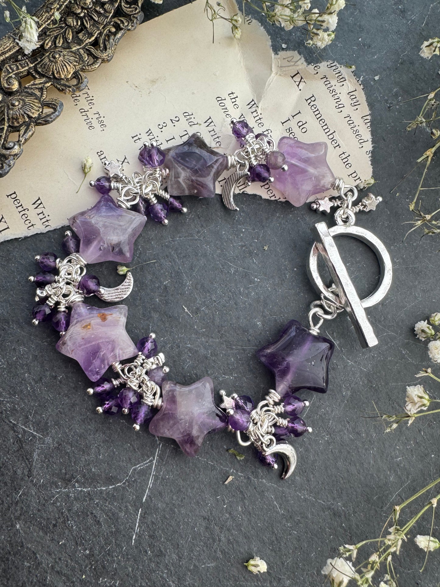 Amethyst stone stars, amethyst stone, silver metal, bracelet
