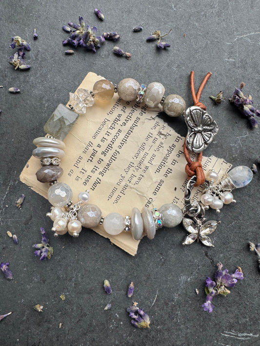 Labradorite, Herkimer diamonds, pearls, moonstone and button butterfly clasp.