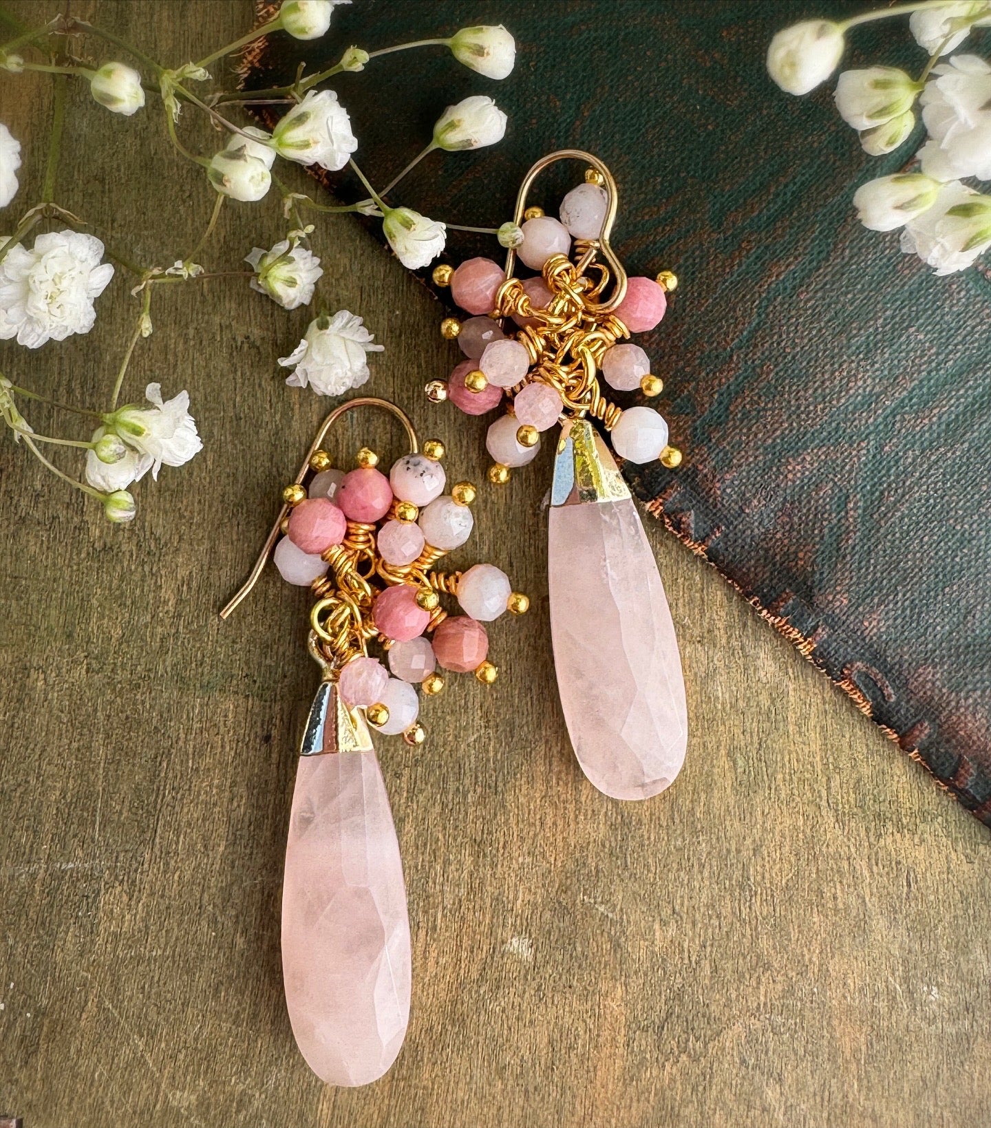 Rose quartz drops, pink Opal , gold metal, earrings