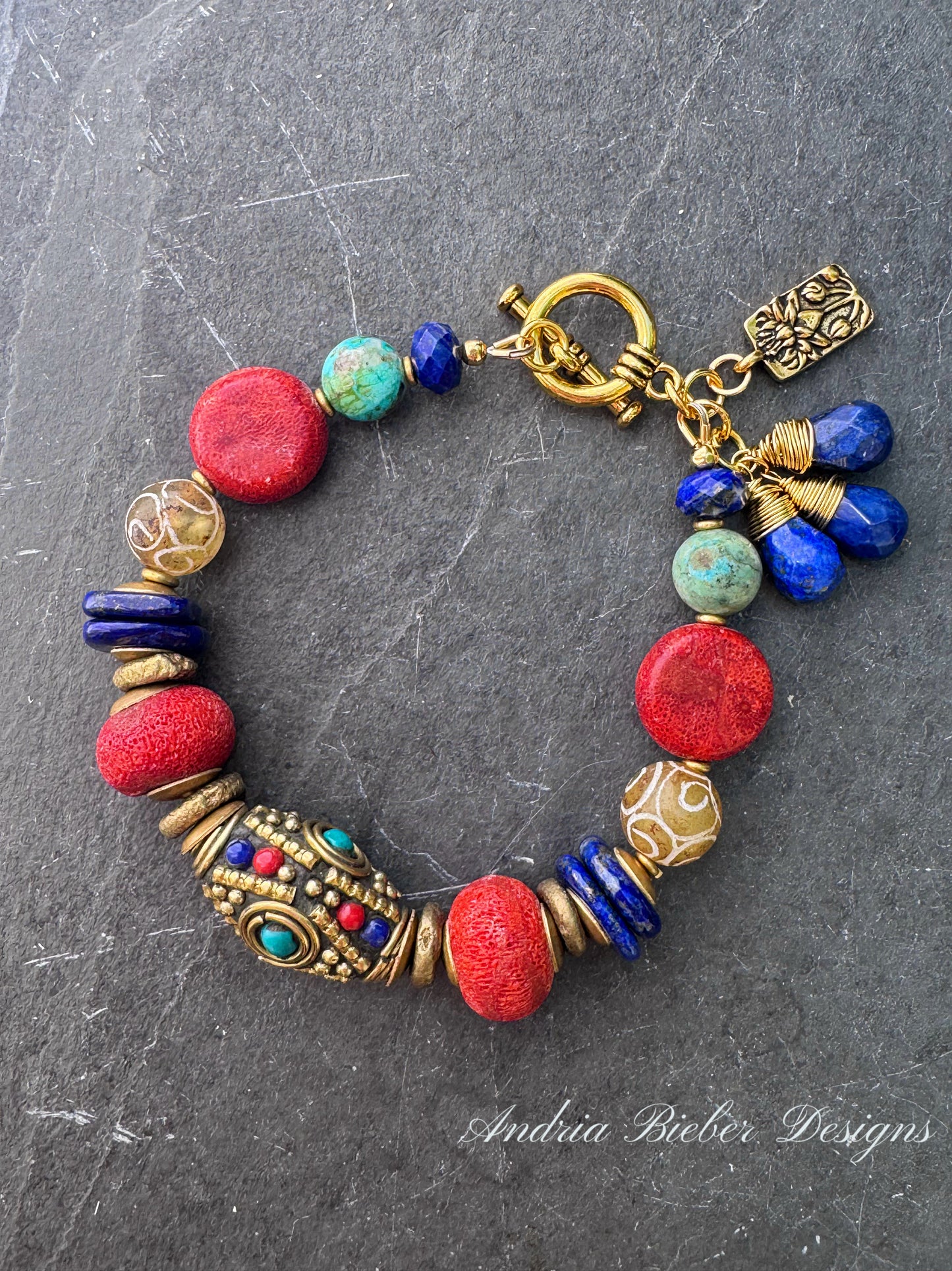 Nepal beads, coral, agate, turquoise, lapis lazuli, bracelet.