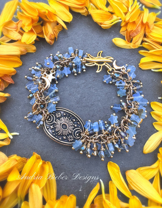 Moon and stars. Mexican calcite star stones, handmade bronze celestial pendant, moon & star charms, bracelet