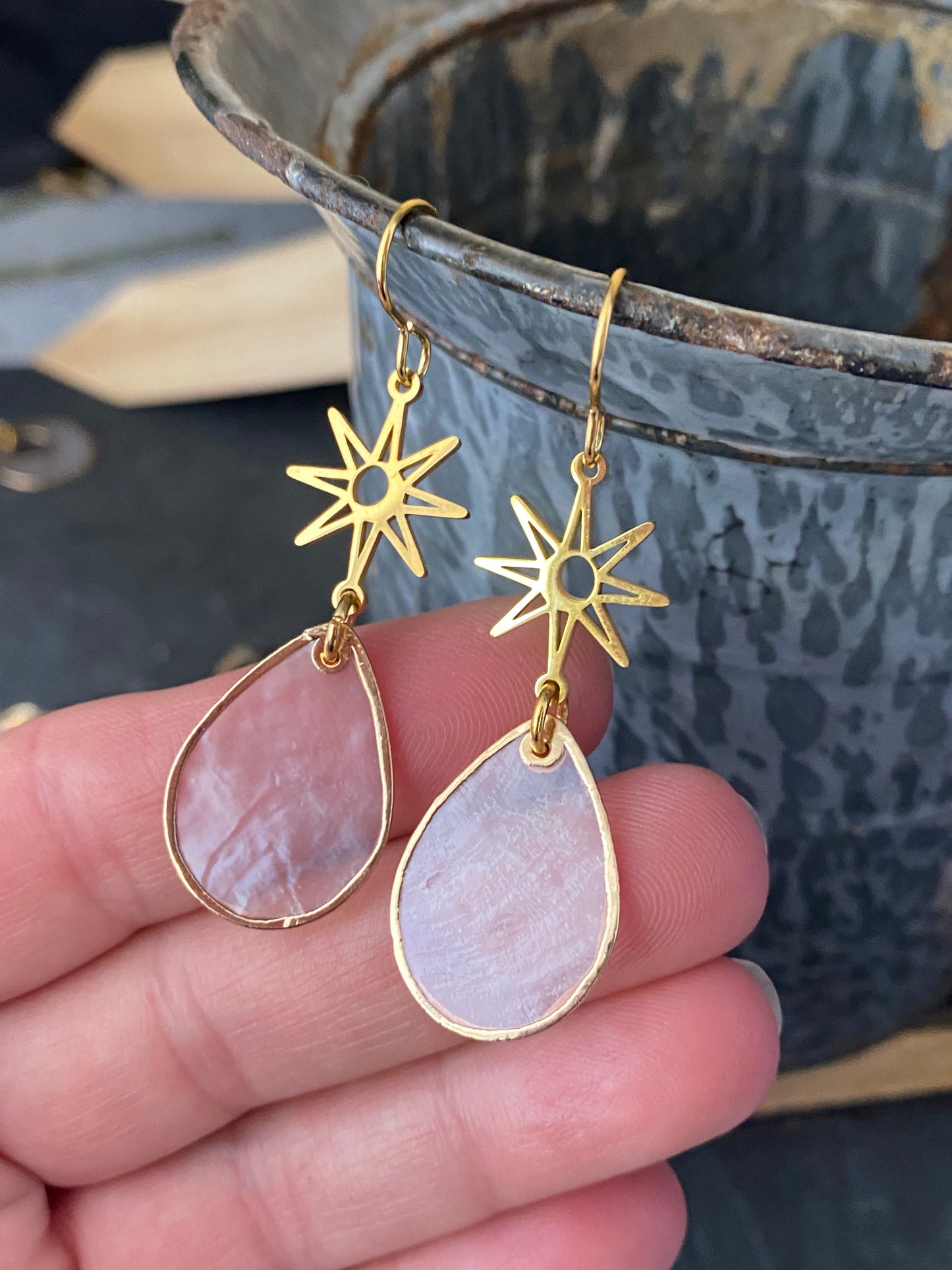 Shell charms, gold metal star charms, earrings