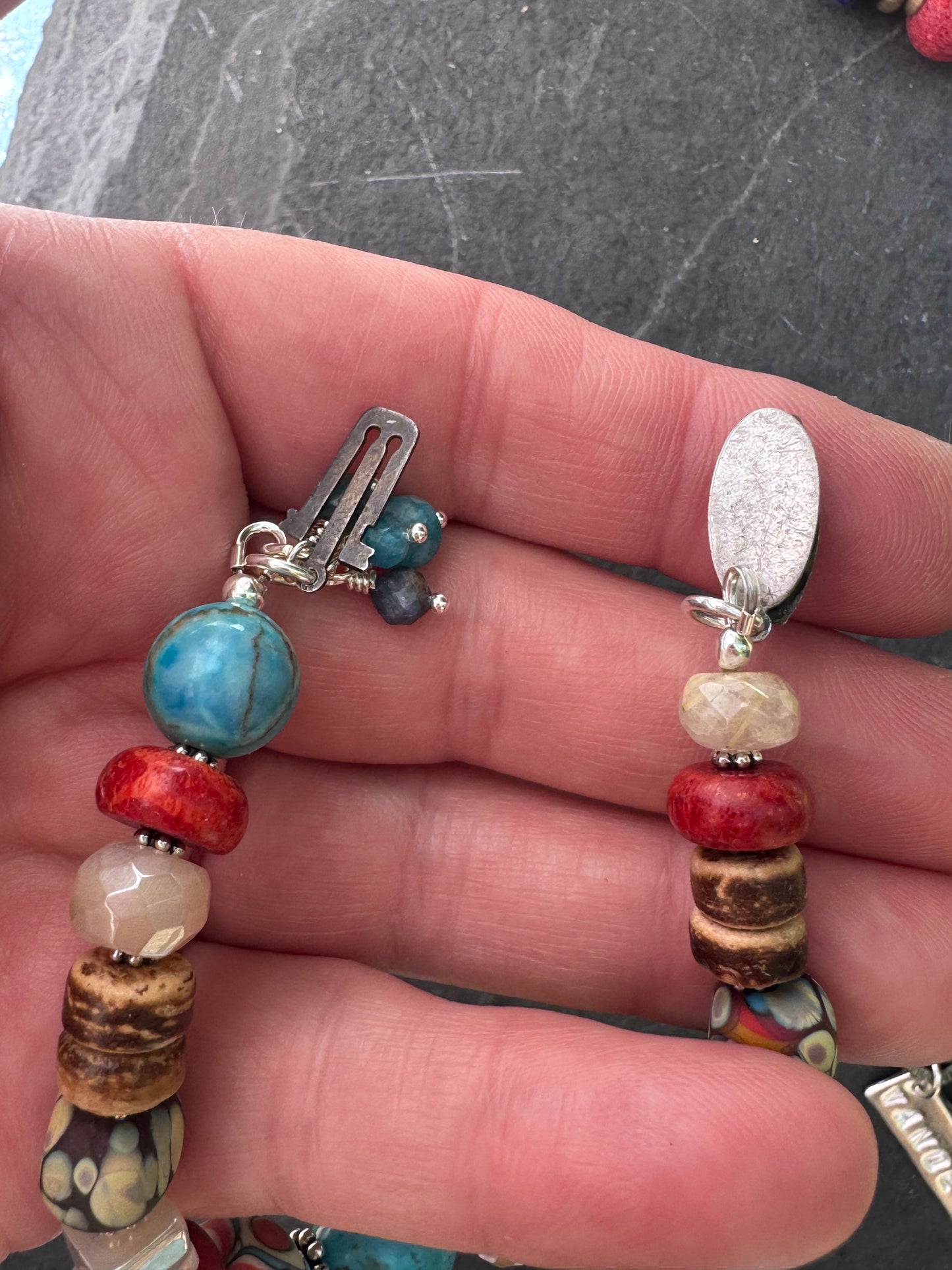 Kingman turquoise, coral, handmade lampwork glass, moonstone, silver metal, bracelet