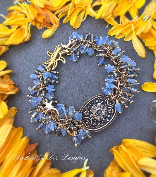 Moon and stars. Mexican calcite star stones, handmade bronze celestial pendant, moon & star charms, bracelet