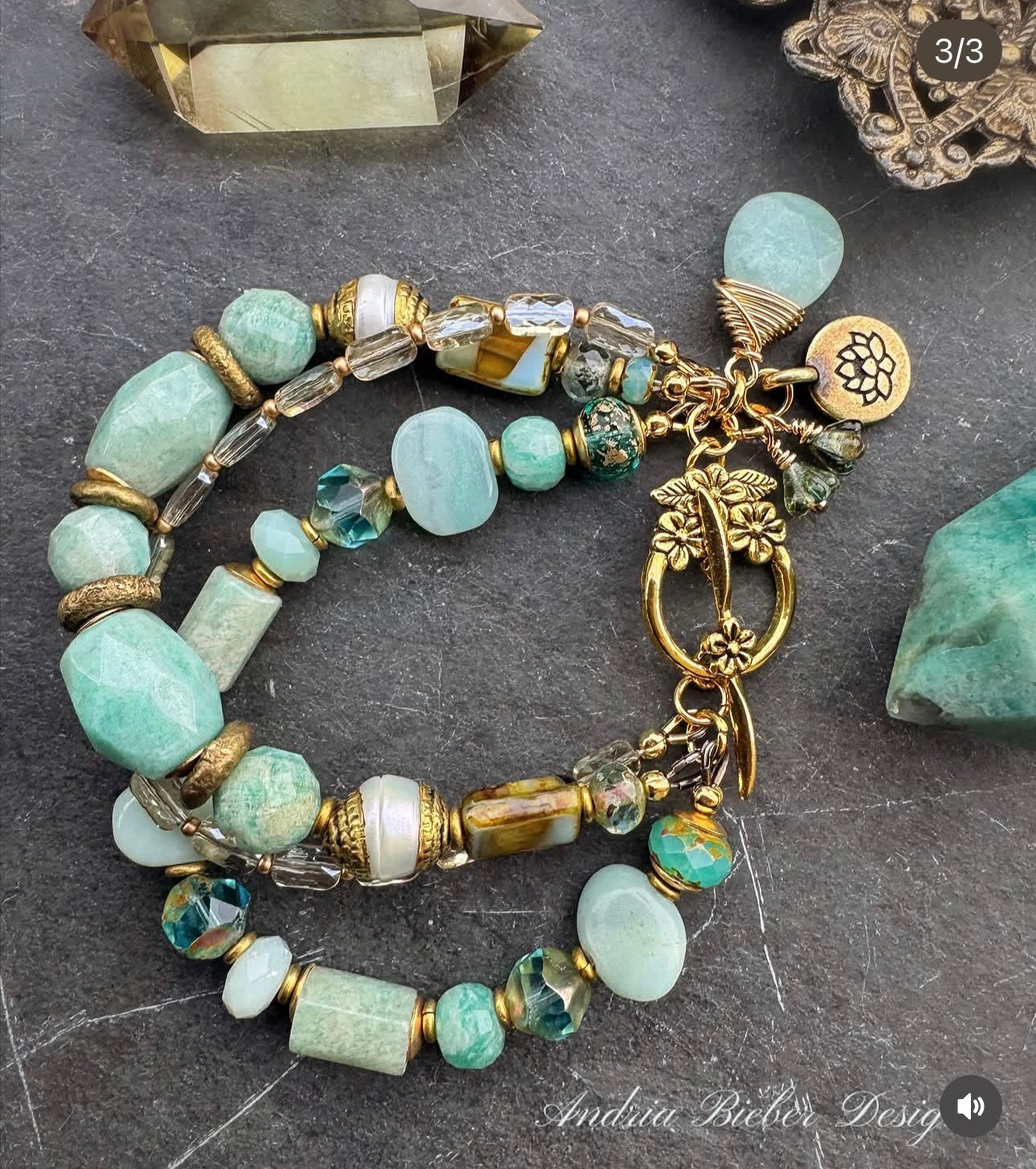 Amazonite stone, pearl, turquoise, african brass, Czech glass, bracelet.